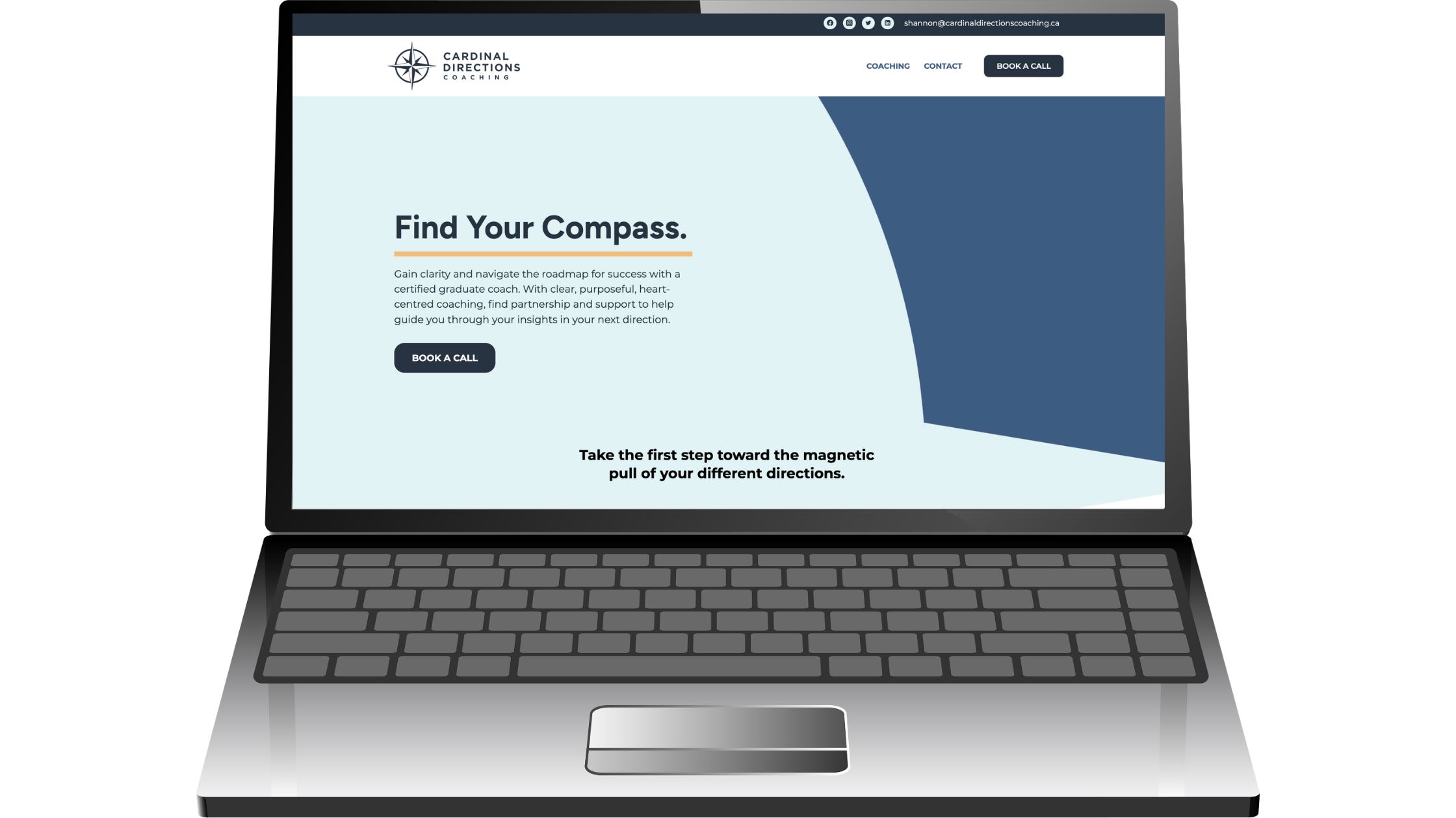 A laptop open with the cardinal directions homepage